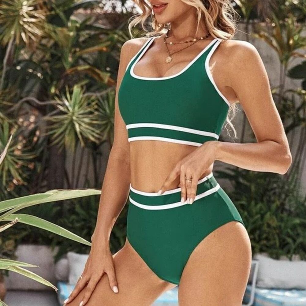 Green High-Waist Two-Piece Swim Set with White Trim